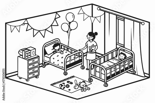 Nurse caring for children in hospital beds with toys and balloons