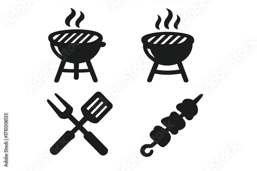 Barbecue grill vector icon set. BBQ silhouette collection. Cooking food symbols. Crossed fork and spatula tool. Kebab skewer shashlik. Summer outdoor cookout picnic concept.