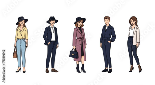 Five stylish individuals in various outfits.