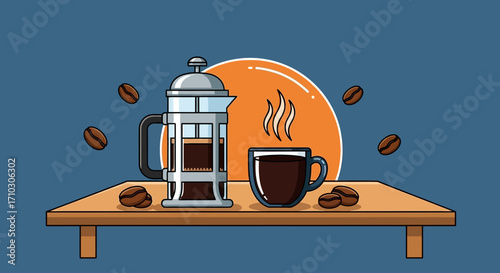 French Press Coffee Brewing Setup with Cup and Beans.