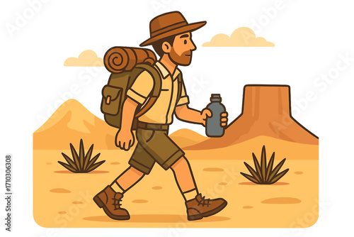 Man hiking in desert vector illustration. Hiker with backpack and water bottle exploring nature. Adventure travel, outdoor trekking cartoon character for journey concept.