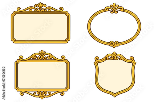 Set of elegant gold frames in baroque style. Ornate decorative vintage border collection. Luxury classic design for wedding invitation, certificate, or announcement label.