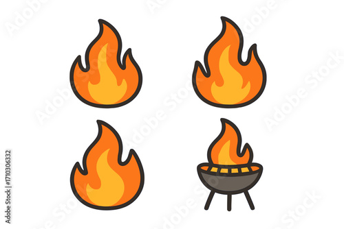 Set of fire flame and barbecue grill icons. Cartoon vector illustration for burning hot concepts. Bonfire, campfire and bbq symbols. Simple flat design elements collection.