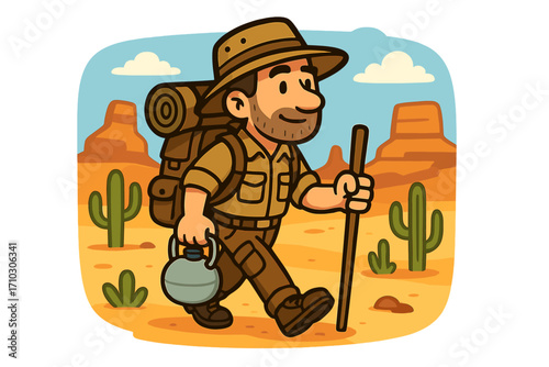 Man hiking in desert with backpack and water canteen. Cartoon explorer character on a trekking adventure. Journey through wilderness landscape with cactus and canyons. Vector.