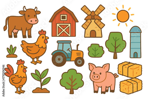 Farm life vector icon set. Cute cartoon animal illustrations of cow, pig, chicken, rooster. Agriculture elements like barn, tractor, windmill. Countryside sticker collection.