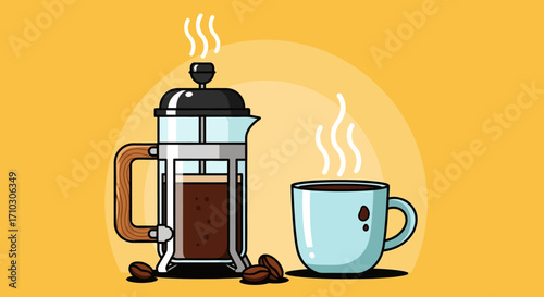 French press coffee maker with a steaming cup of coffee.