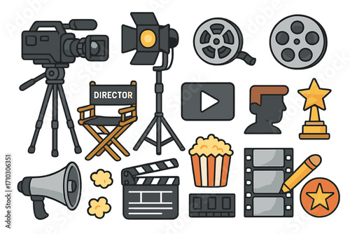 Film production icon set. Movie making and cinema elements collection. Vector cartoon illustration with camera, clapperboard, director chair, film reel, award and spotlight.