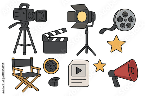 Film production icon set. Movie making equipment collection with camera, clapperboard, spotlight, director chair. Cinema industry symbols for filmmaking process. Vector cartoon.
