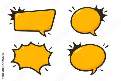 Comic speech bubble set. Pop art message balloon. Yellow dialogue cloud. Cartoon communication icon. Blank chat box. Quote frame. Thinking balloon. Vector graphic design element.