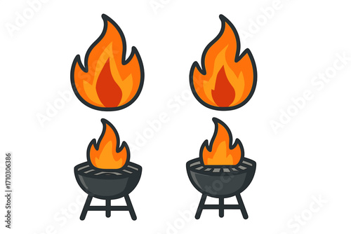 Fire icon set and flame silhouette. Grill icon for barbecue party. Vector cartoon illustration for bbq menu. Hot cooking, burning bonfire and charcoal heat element.