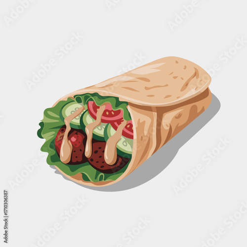 Vegan Falafel Wrap with Vegetables and Tahini Sauce Illustration