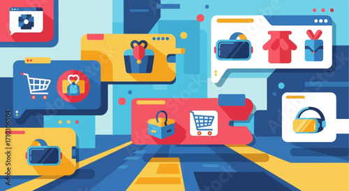 Futuristic E-commerce and Online Shopping on a Digital Platform.