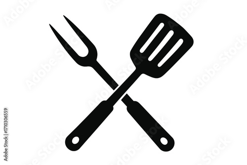 Grill tools icon. Barbecue fork and spatula silhouette. Crossed cooking utensils for BBQ party or cookout. Kitchen equipment vector logo for steakhouse or restaurant menu design.