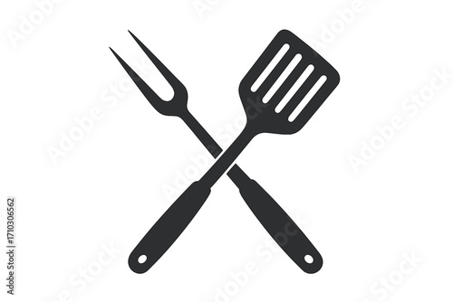 Crossed grill fork and spatula icon. Barbecue tools silhouette. BBQ logo concept for restaurant, steakhouse menu. Vector cooking utensil for summer cookout, picnic, grilling.