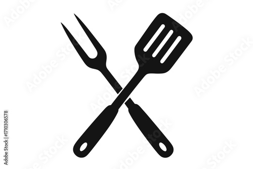 Grill tools icon with crossed spatula and fork. Barbecue logo silhouette style. Vector illustration for grilling, cooking, restaurant menu. BBQ party or picnic concept.