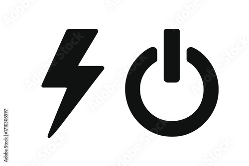 Power on off button and lightning bolt vector icon set. Flat silhouette design for electricity, energy, start, charge, and technology concepts. User interface symbols.