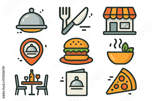 Restaurant and food icon set for culinary design. Vector illustration includes pizza, burger, dining, and menu symbols. Modern outline icons for cafe, delivery, and web.