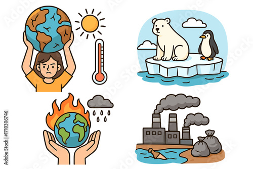 Set of environmental illustrations. Climate change, global warming, pollution concepts. Save the planet awareness campaign. Vector cartoon of melting ice, factory smoke, earth on fire.