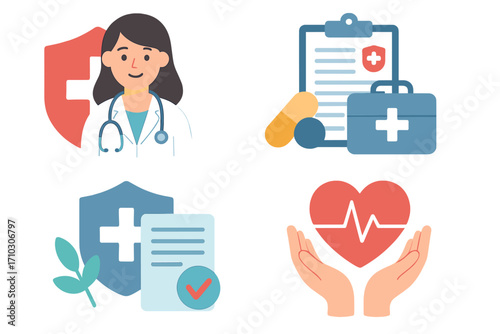 Health insurance vector icons set. Medical care, doctor, protection concept. Life insurance, cardiology, first aid kit, approved policy document, medicine. Healthcare cartoon.
