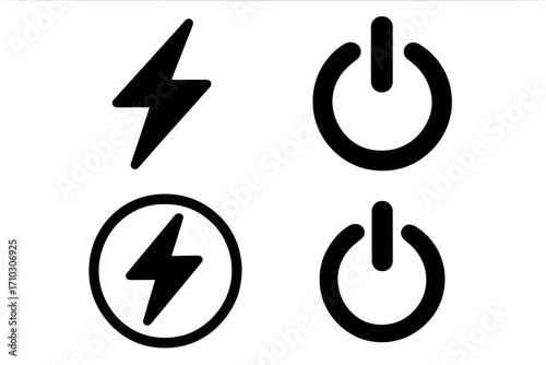 Set of black vector icons. Lightning bolt symbol for electricity, energy, and charging. Power on and off button for start, stop. Simple flat silhouette design for web, ui.
