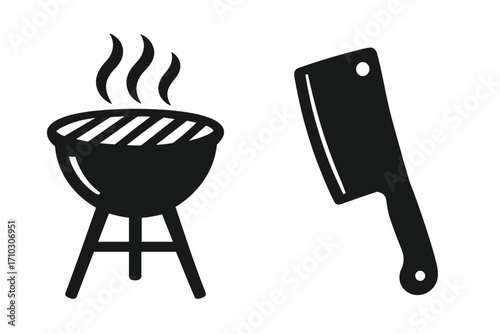 Barbecue grill and meat cleaver icons. BBQ party vector silhouette set. Cooking, grilling, and butchery symbols for restaurant menu, butcher shop logo or picnic event.