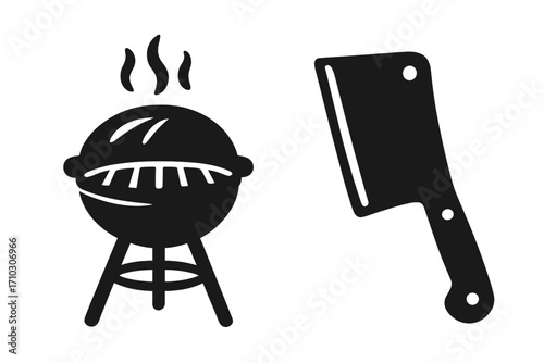 Barbecue grill with smoke and meat cleaver silhouette. Vector icons for BBQ, cooking, and butchery. Outdoor picnic, steakhouse, and grilled food concept illustration.