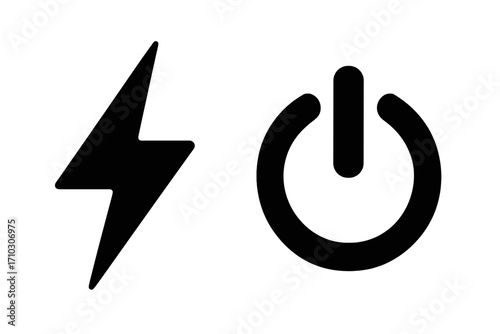 Power on off button and lightning bolt icon set. Simple black silhouette symbols for electricity, energy, charge, and voltage. Vector graphic for start, stop, and standby concepts.