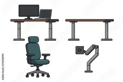 Ergonomic office furniture icon set. Adjustable standing desk for healthy sit-stand workplace. Ergonomic chair for good posture and comfort. Modern workspace equipment.