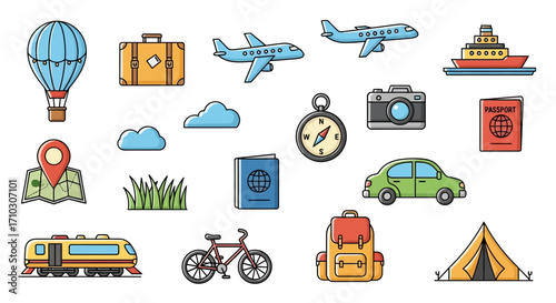 Hand drawn colorful travel and transportation icon set.