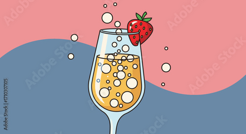 Hand drawn illustration of a glass of sparkling champagne with a strawberry.