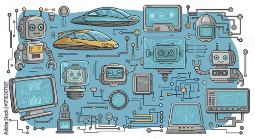 Hand drawn doodle collection of technology and futuristic elements.