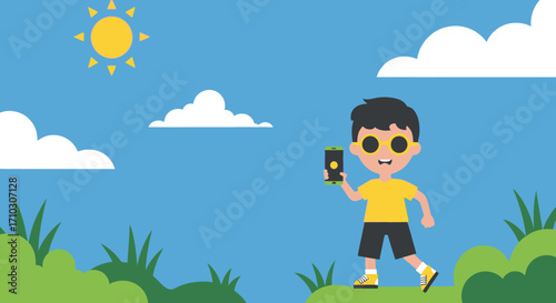 Happy boy wearing sunglasses applying sunscreen outdoors.