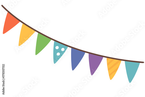 Colorful party flags bunting garland for celebration. Birthday, festival, anniversary or carnival decoration element. Vector cartoon illustration in flat style hanging pennants.
