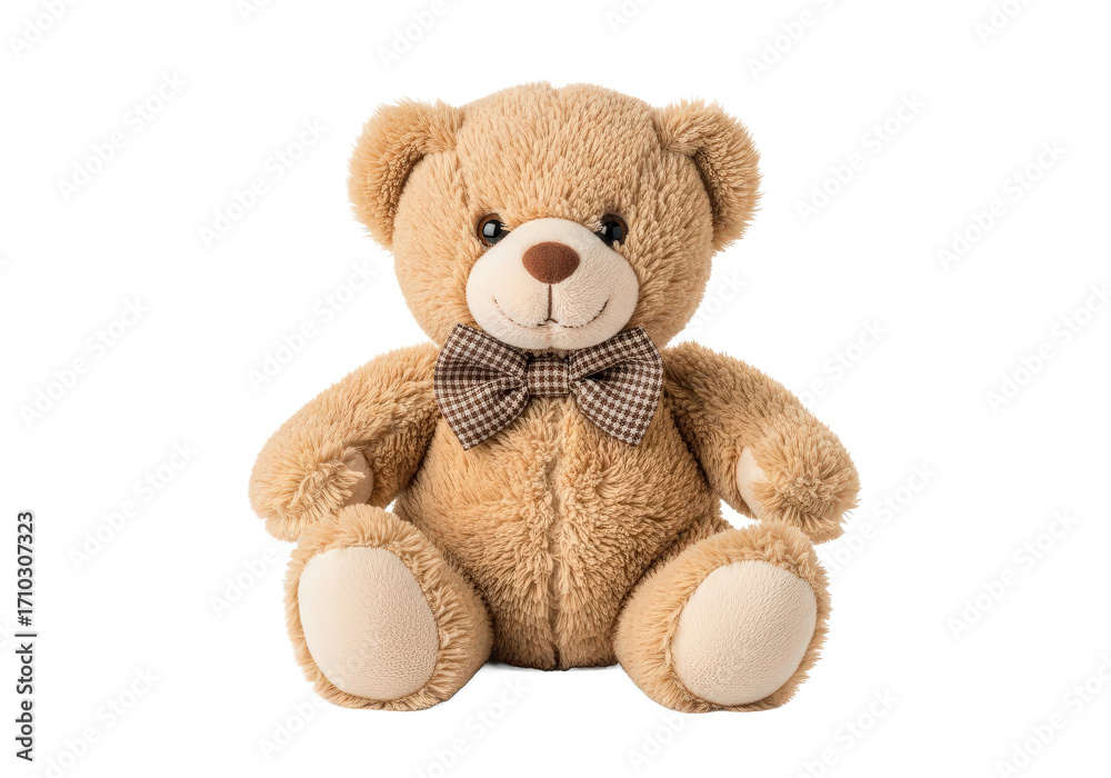 Obraz premium Plush teddy bear sitting upright with a bow tie, set against a plain background, ideal for children's decor