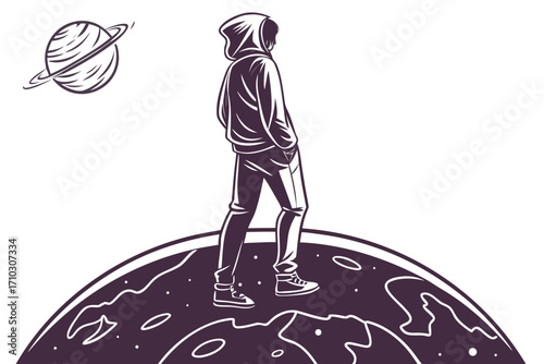 Young person in a hoodie standing on a planet looking at saturn