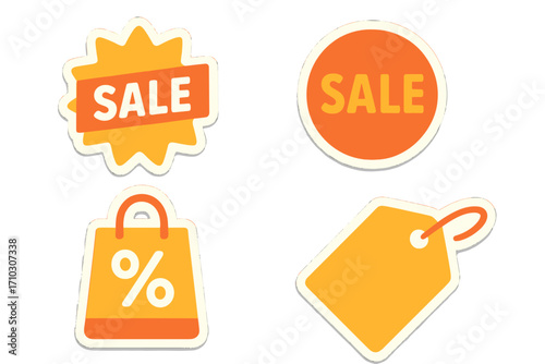 Sale banner stickers set, flat style vector cartoon illustrations with transparent background, orange and yellow sale signs, discount tag, shopping and retail icons, promotional design elements