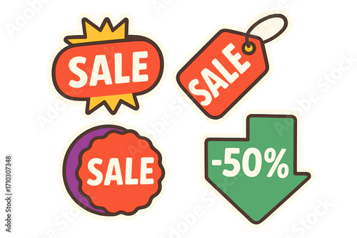 Colorful sale banner stickers set with flat style, vector cartoon illustration of discount tags and badges, transparent background, promotional sale icons, shopping discount graphics