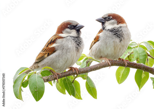 Two sparrows perched on a branch with leaves (3)