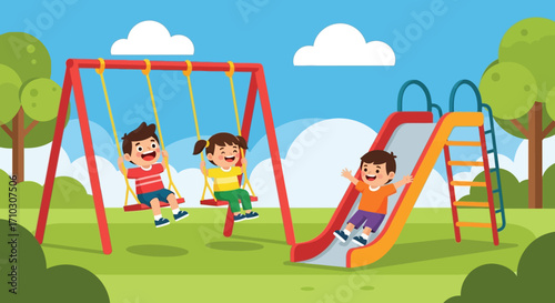 Happy children playing together on a playground with swings and a slide.