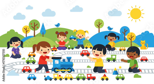 Happy diverse children playing together with a toy train set.