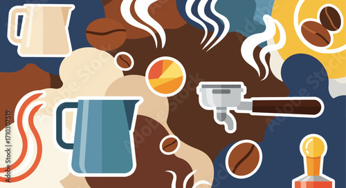 Illustrated Collection of Professional Barista Coffee Making Tools.