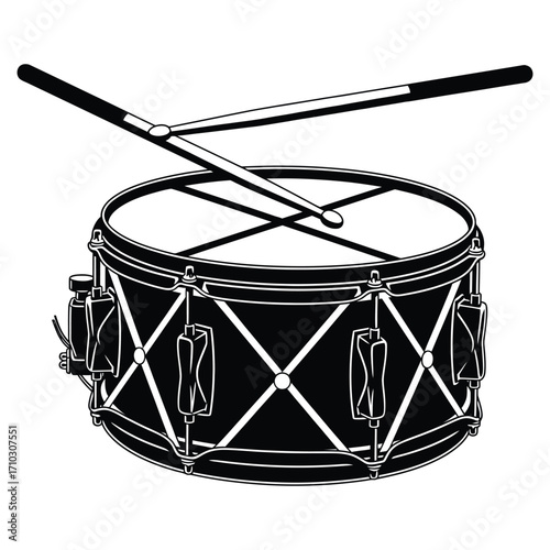 Dynamic black and white vector illustration of a classic snare drum with drumsticks, capturing the essence of rhythmic music and percussive performance