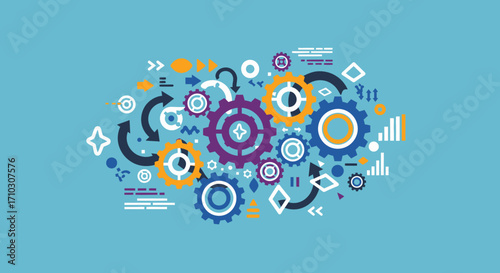 Interlocking gears and circular design elements.