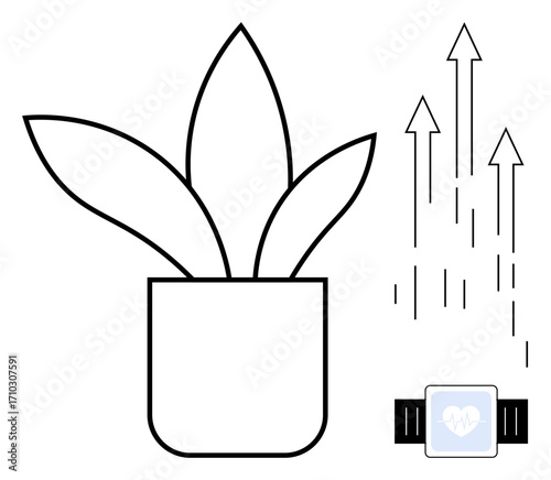Plant in pot with rising arrows signifying growth, paired with smartwatch showing heartbeat for health. Ideal for growth, wellness, progress, health tracking, sustainability, technology integration