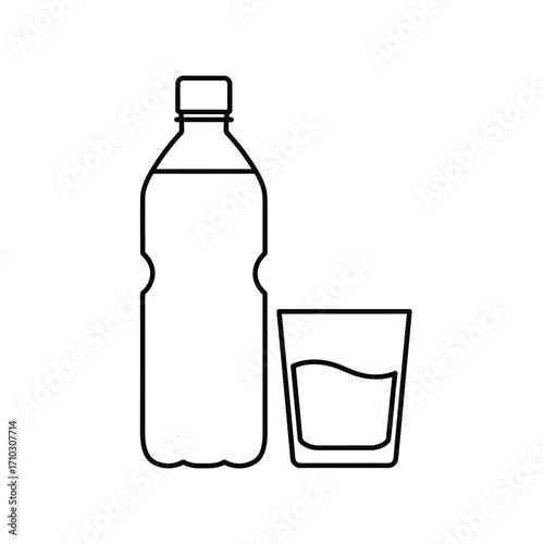A simple black and white line art illustration of a plastic bottle next to a glass of water.