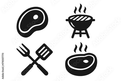 Steak icon silhouette, barbecue grill logo, cooking tools vector, BBQ fork and spatula crossed, grilled meat steak illustration, barbecue party, food cooking concept, black and white set