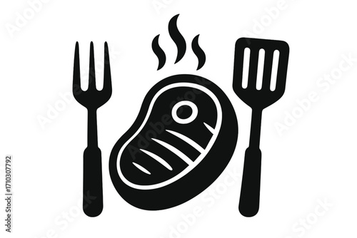 Silhouette Steak Icon with Fork and Spatula Barbecue Logo, Vector Cartoon Illustration of Grilled Meat, BBQ Food Symbol with Heat Smoke, Cooking and Dining Concept Transparent Background