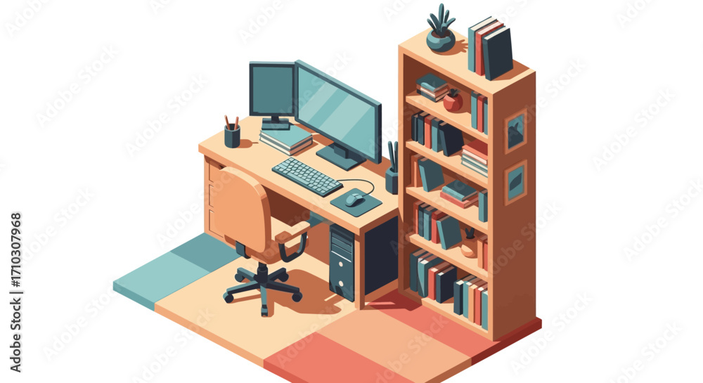 Isometric illustration of a home office workspace with computer and bookshelf.