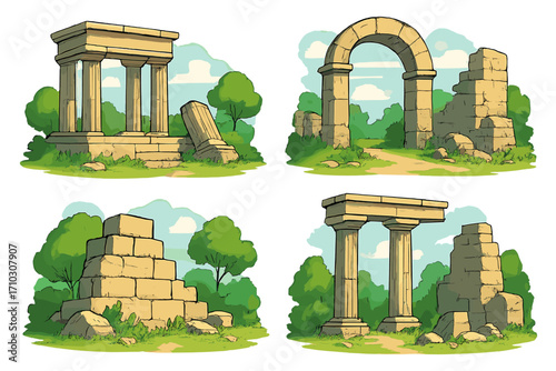 Ancient stone structures and ruins, classical architecture remains with columns, arches, and stepped walls in lush green landscape, daylight vector cartoon illustration, historical heritage