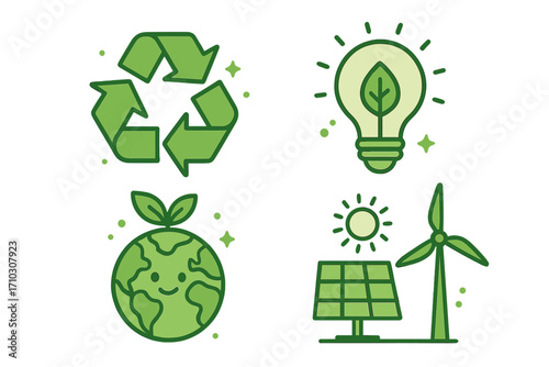 Symbols of sustainability, green technology, renewable energy icons set with recycling, eco-friendly light bulb, earth with leaves, solar panel and wind turbine, modern vector cartoon illustration